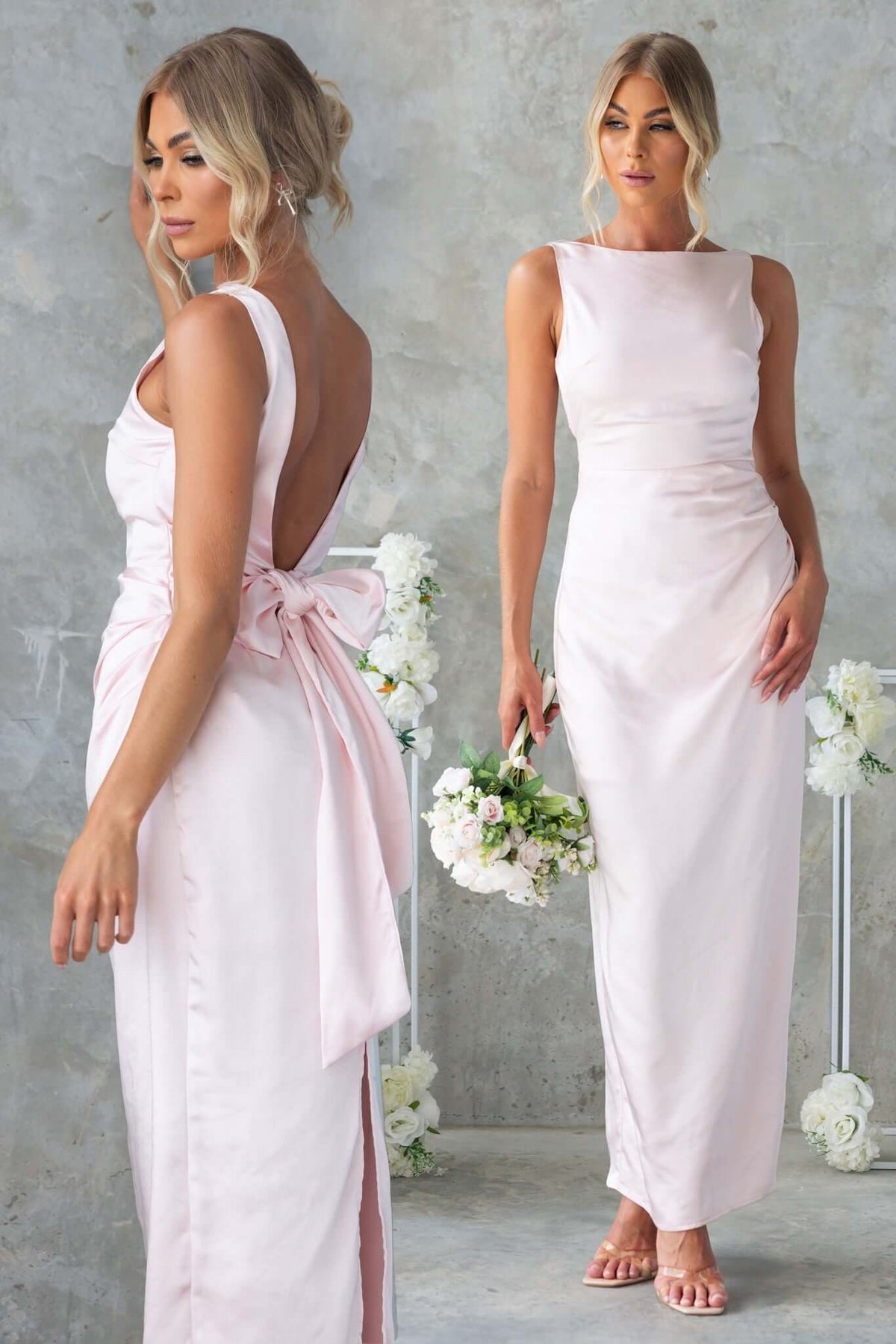 Model in a satin Dakari Maxi Dress with high neckline and back split, showcasing a contemporary bridal look.