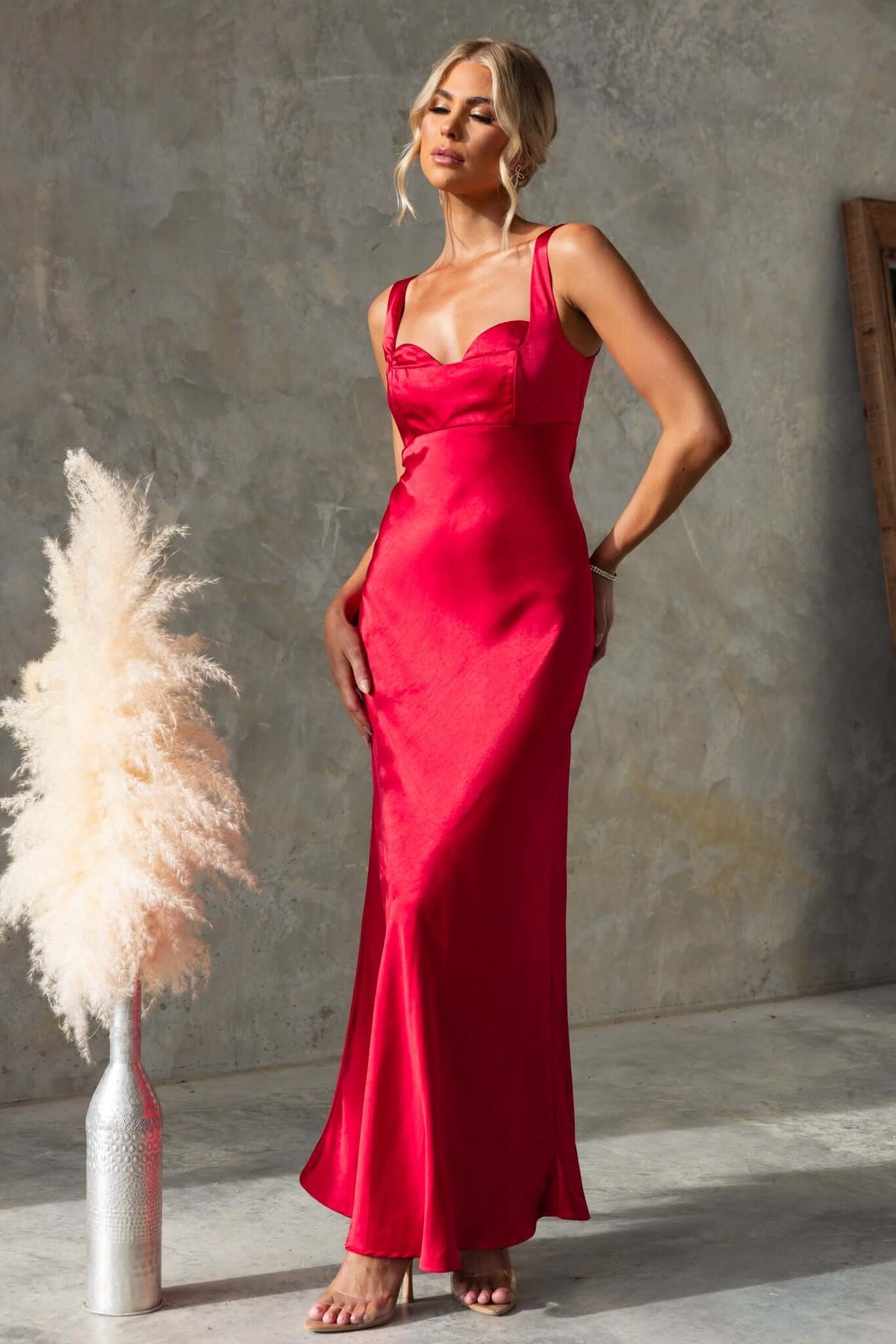 Stunning Fuego Maxi Dress in red satin, featuring square neckline and elegant silhouette, perfect for special occasions.
