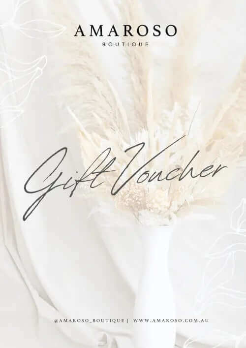 Elegant gift voucher from Amaroso Boutique featuring dried flowers and soft colors.