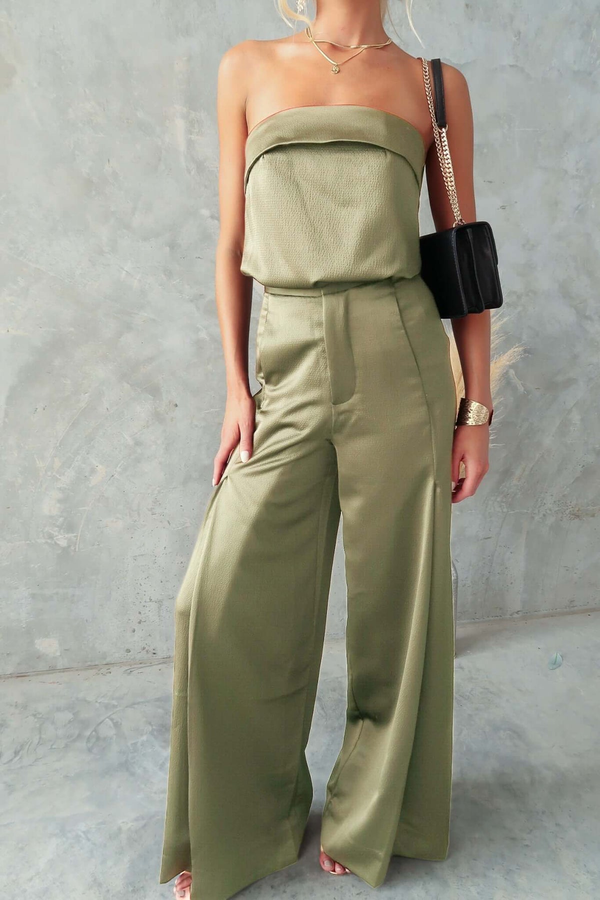 Hampton Style Pants in olive green, featuring a mid-high waist, wide legs, and a lightly textured material.