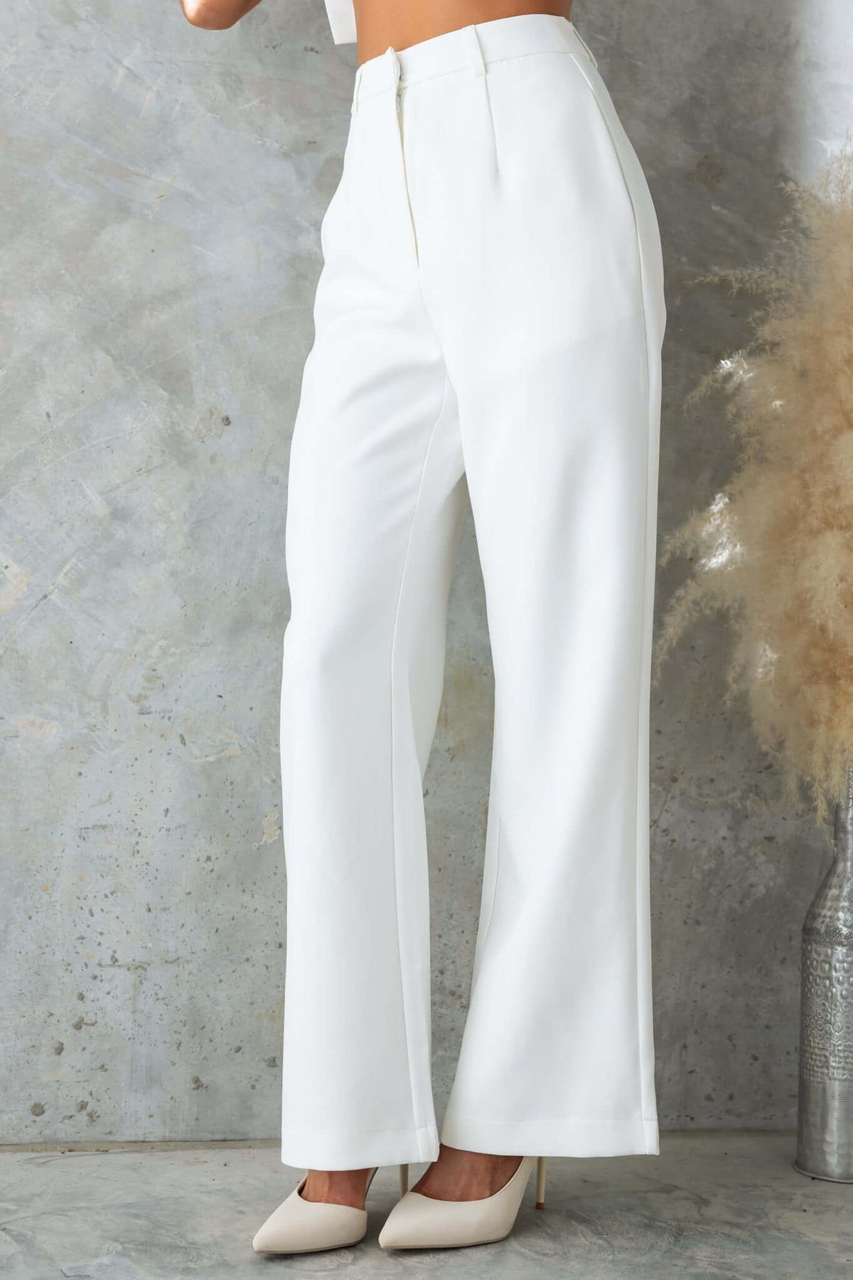 Josefina Pants in white, mid-high waist fit, lined, 100% polyester, perfect for stylish casual wear.