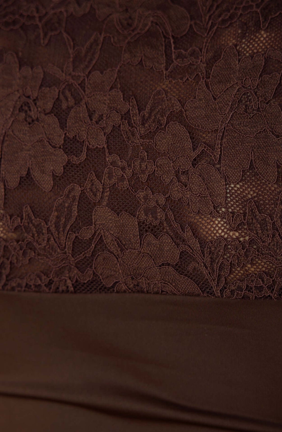 Close-up of brown floral lace panel on the Kaiya Top, highlighting intricate details and texture.