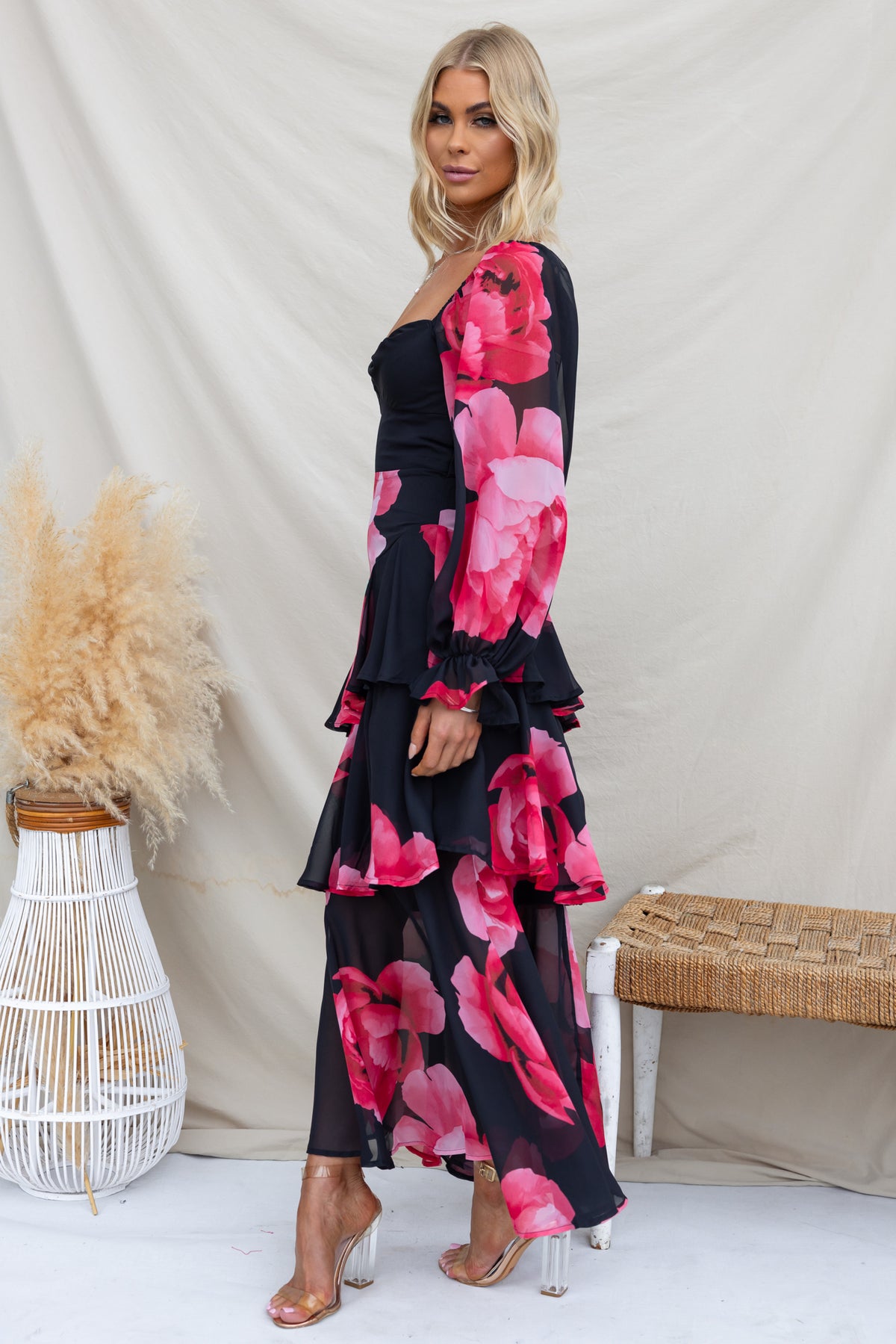 Kameryn Maxi Dress featuring floral chiffon design, elastic sleeves, and a stylish front split.