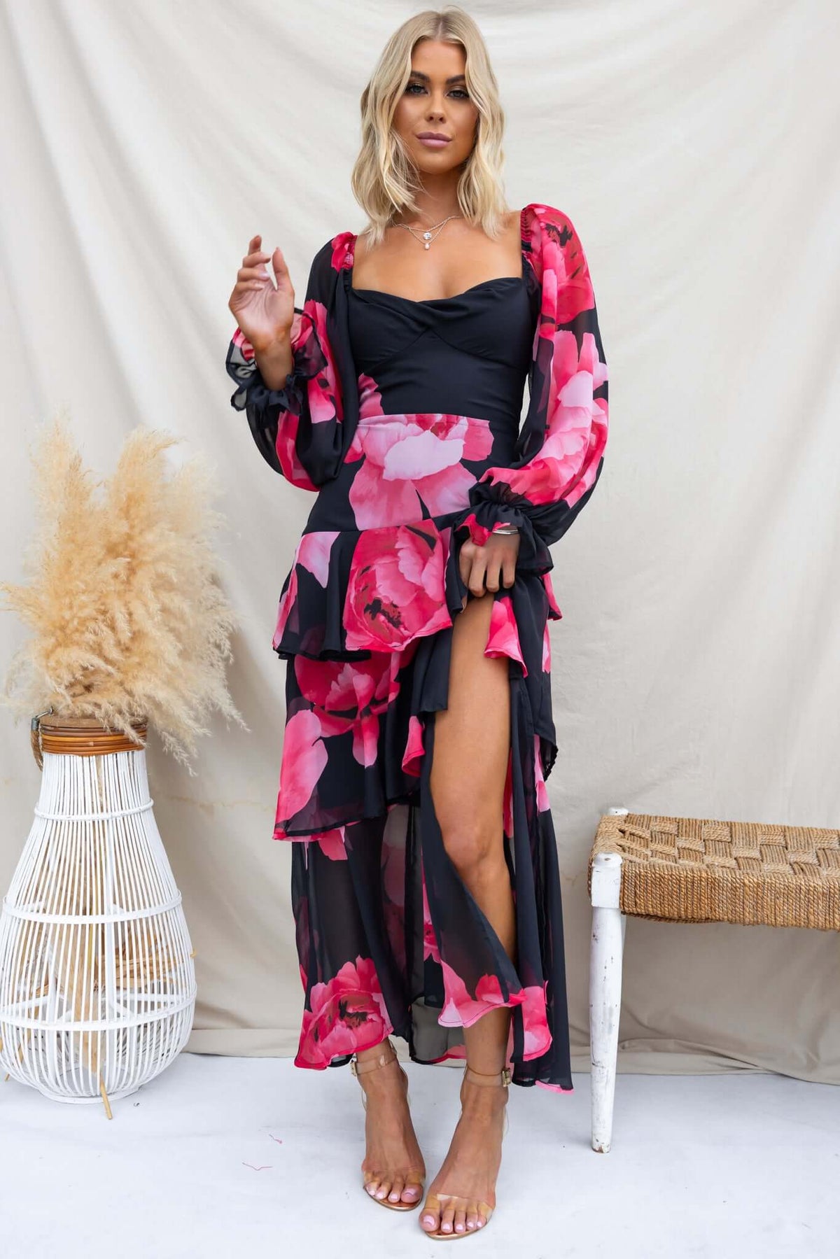 Kameryn Maxi Dress featuring floral chiffon design, elastic sleeves, and front split, perfect for stylish occasions.