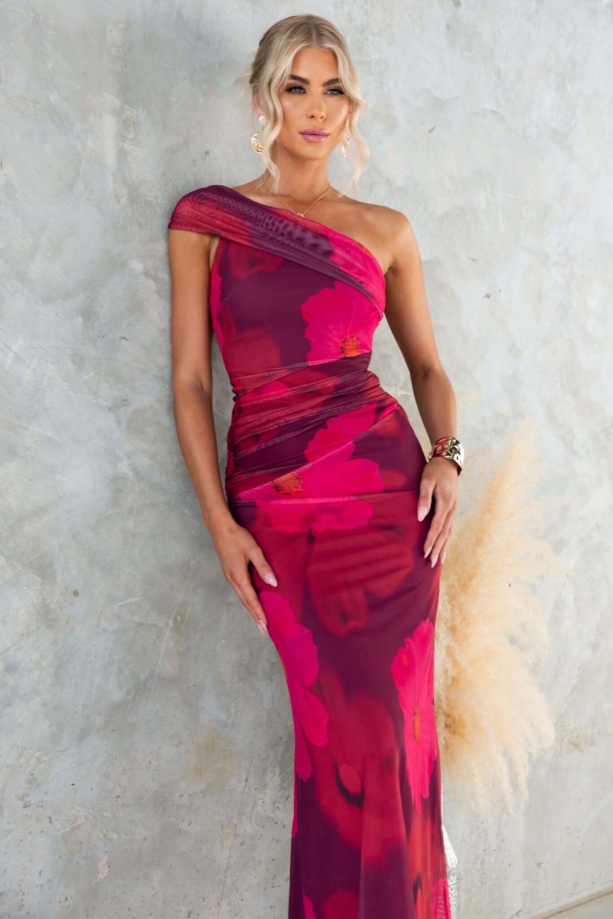 Elegant Korren Maxi Dress featuring a one-shoulder neckline and colorful floral mesh fabric.