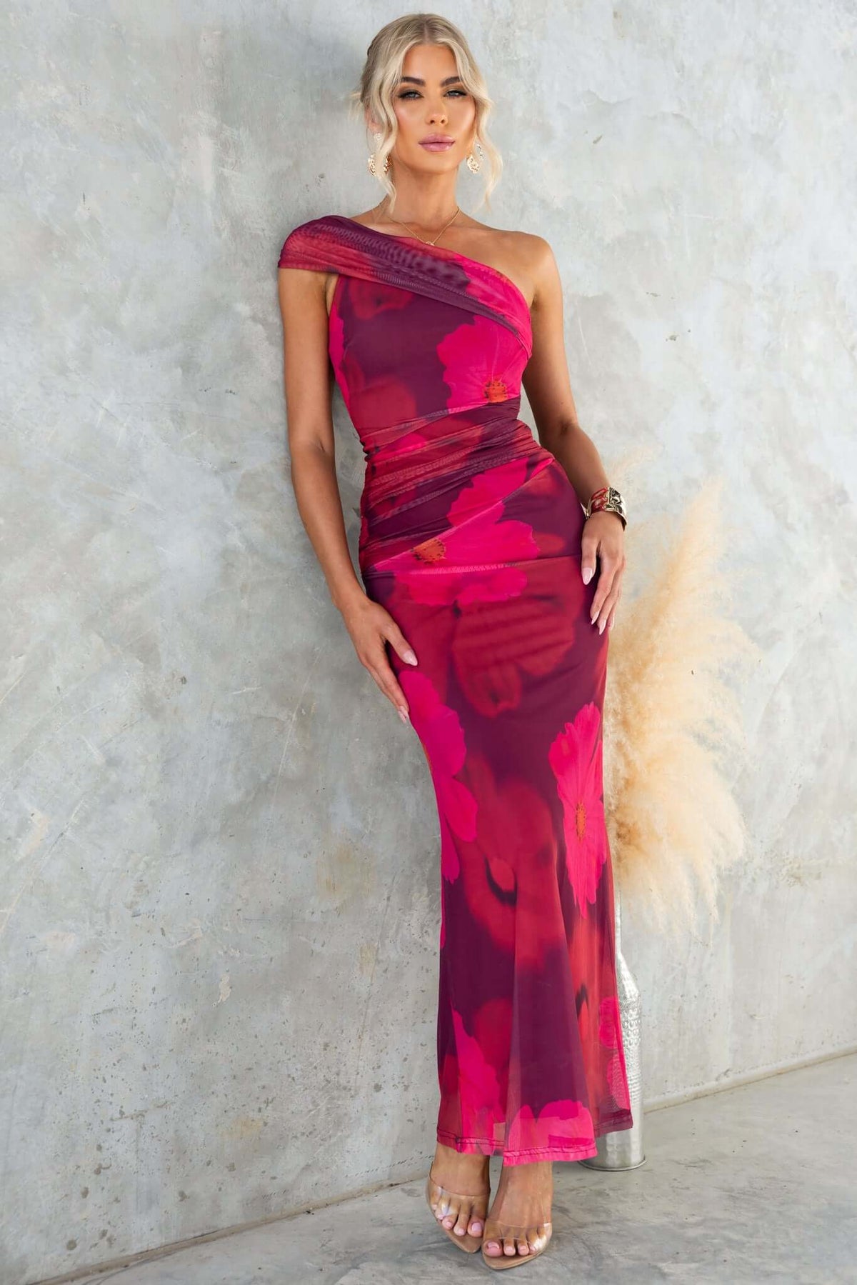 Korren Maxi Dress with one-shoulder neckline in vibrant floral mesh material, perfect for formal occasions.