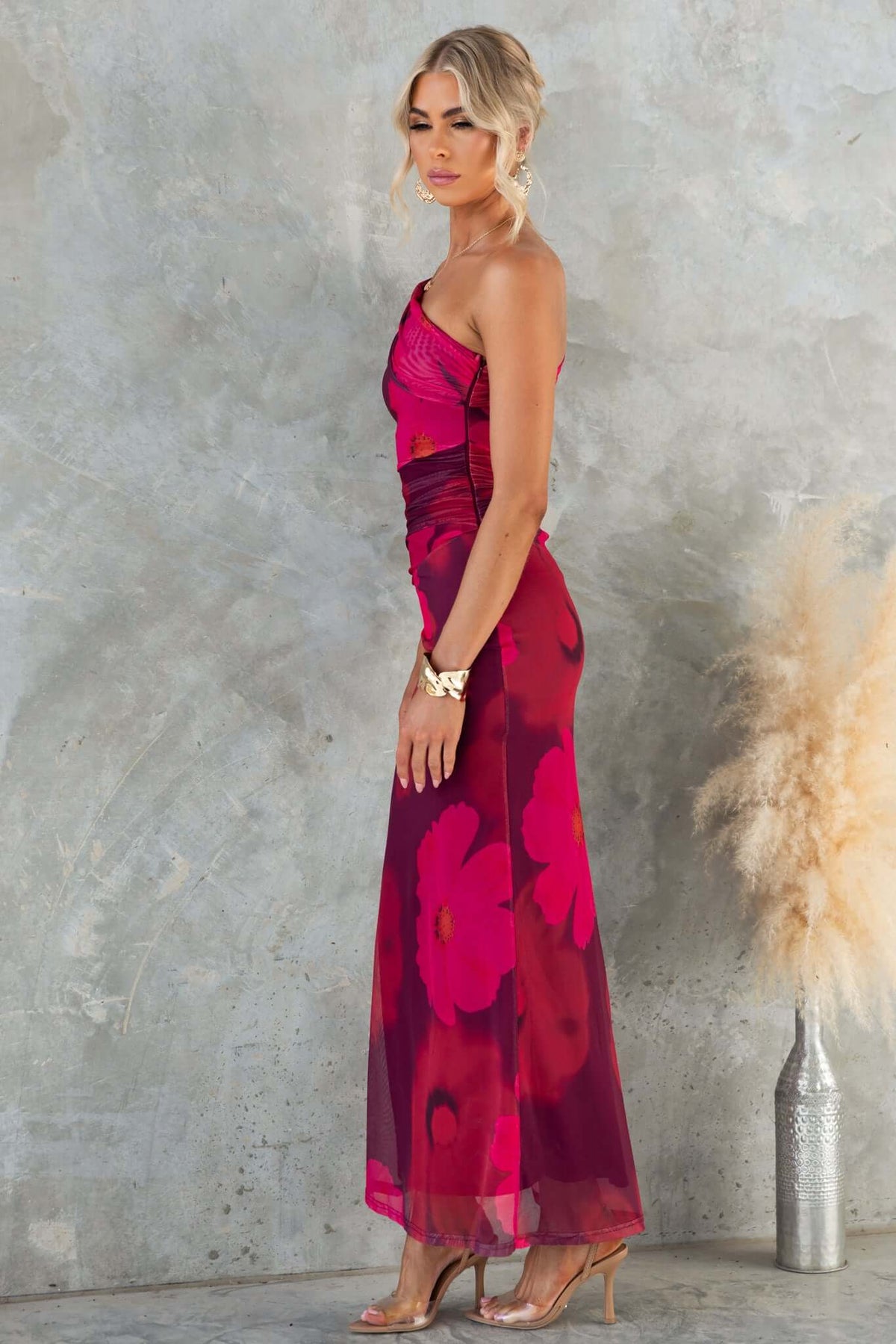 Korren Maxi Dress in pink floral mesh, featuring a one-shoulder neckline and side invisible zip for a stylish fit.
