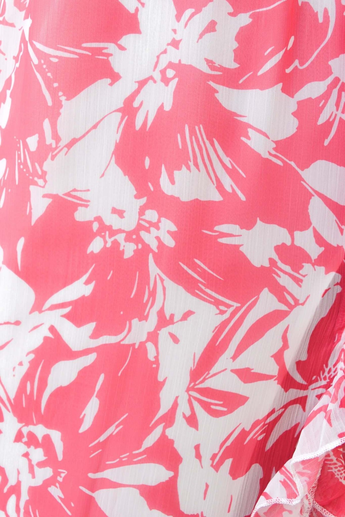 Close-up of pink floral pattern on the Nurture Maxi Dress, showcasing its vibrant design and lightweight fabric.
