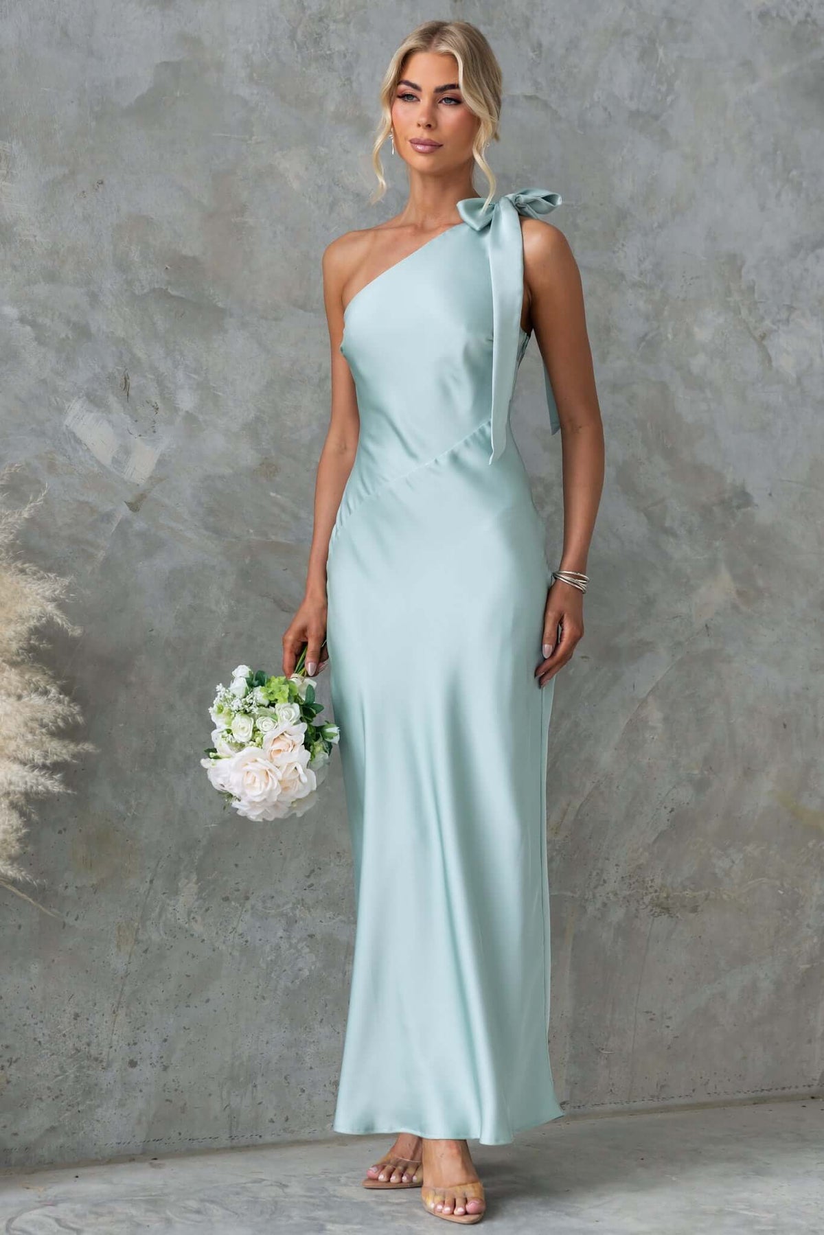 Ronnie Maxi Dress by Amaroso Bridal, one-shoulder tie neckline, satin material, perfect for formal occasions.