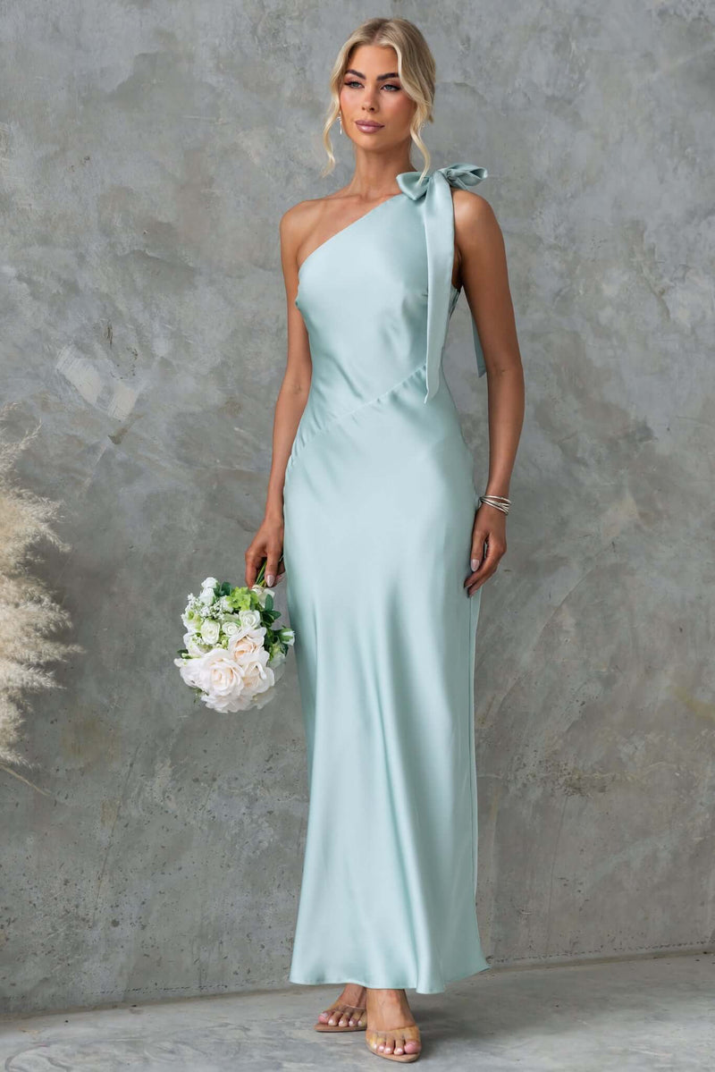 Ronnie Maxi Dress by Amaroso Bridal, one-shoulder tie neckline, satin material, perfect for formal occasions.