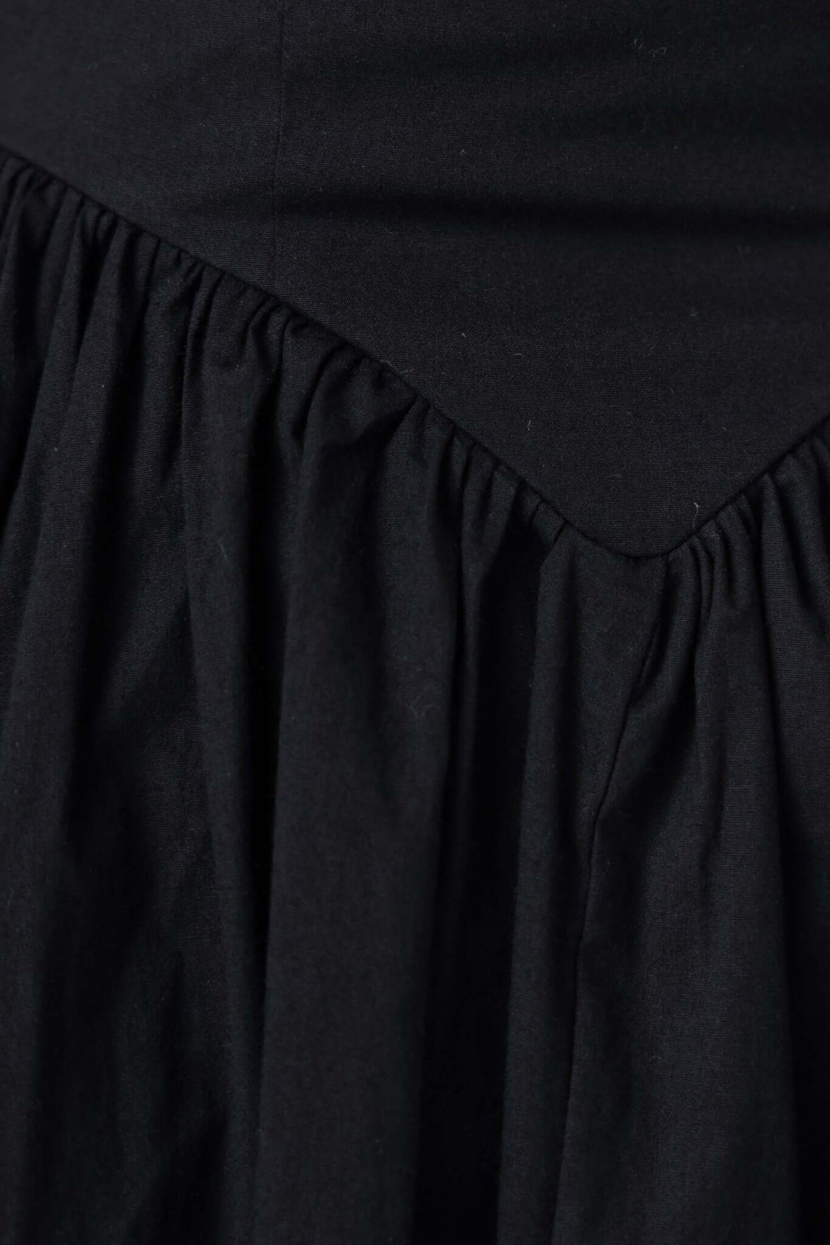 Close-up of the Rowena Maxi Dress fabric detailing, showcasing the ruffled hem and smooth bodice design in elegant black.