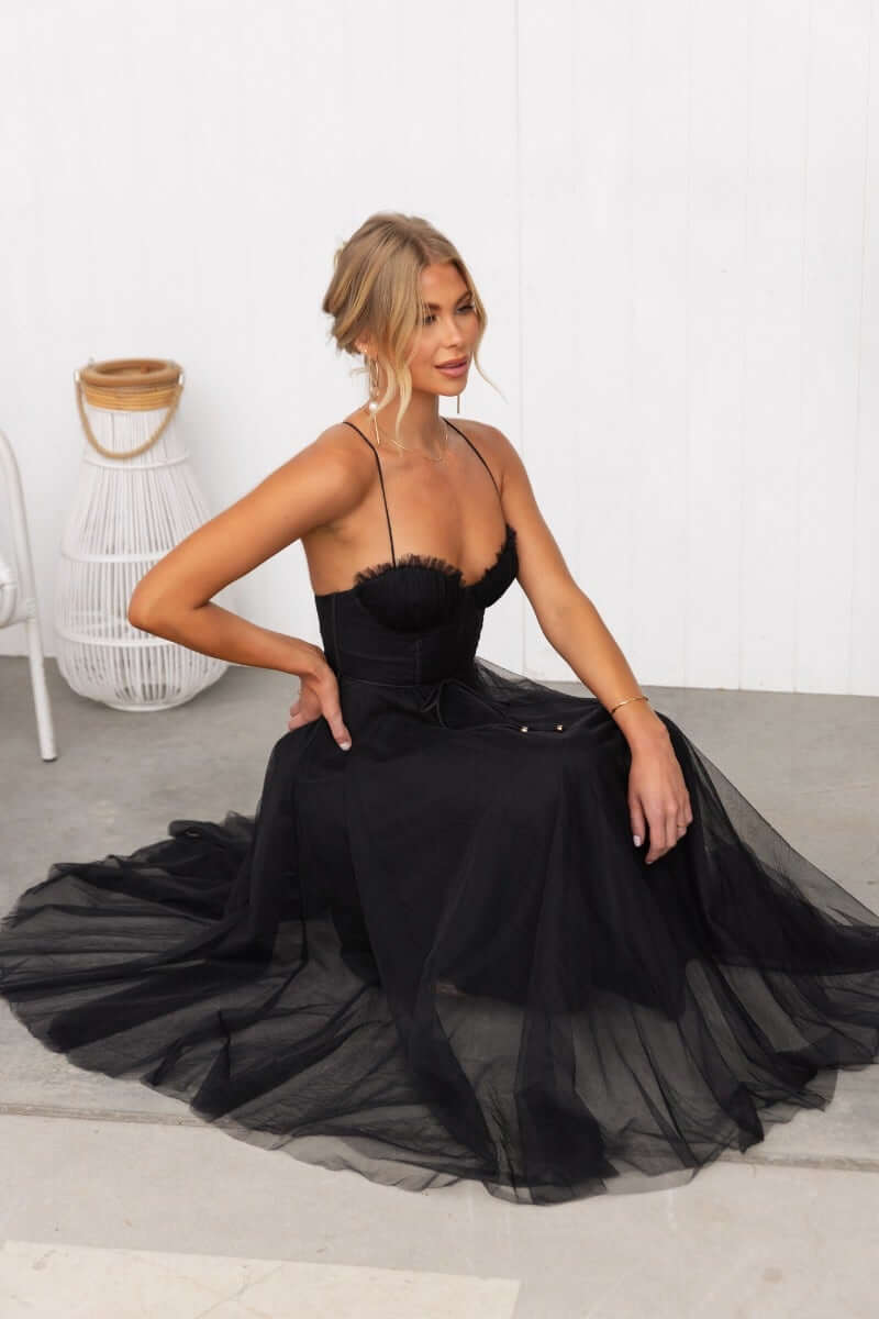 Elegant black Florence Midi Dress featuring adjustable straps and tulle skirt, perfect for special occasions.