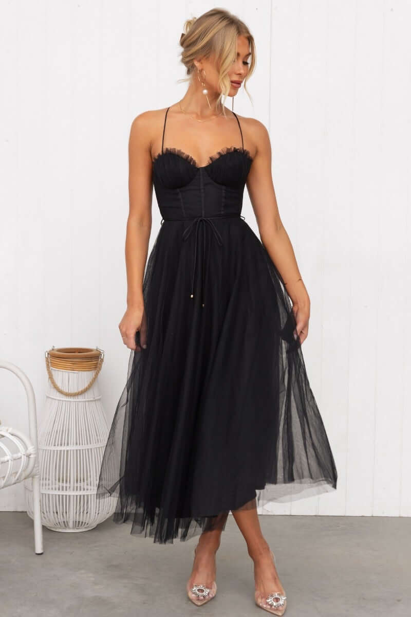 Florence Midi Dress in black featuring adjustable straps, padded bust, and tulle skirt, perfect for formal occasions.