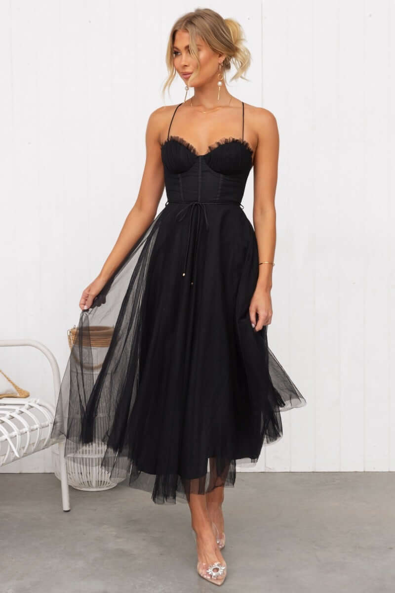 Florence Midi Dress by Amaroso Bridal, black tulle dress with adjustable straps and removable tie.