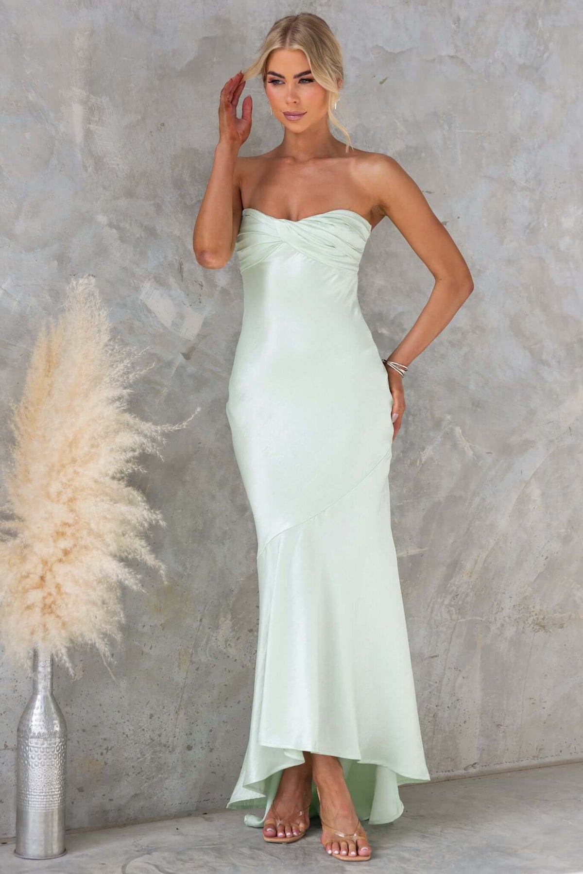 Sancia Maxi Dress in soft mint green, strapless, with slight sheen and elegant fit, perfect for bridal or evening wear.