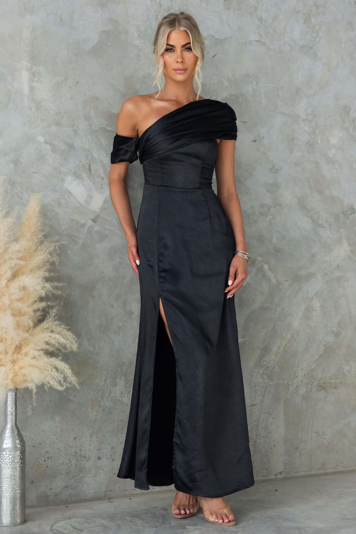 Sonnet Maxi Dress by Amaroso Bridal in satin with asymmetric neckline and side split, perfect for formal occasions.
