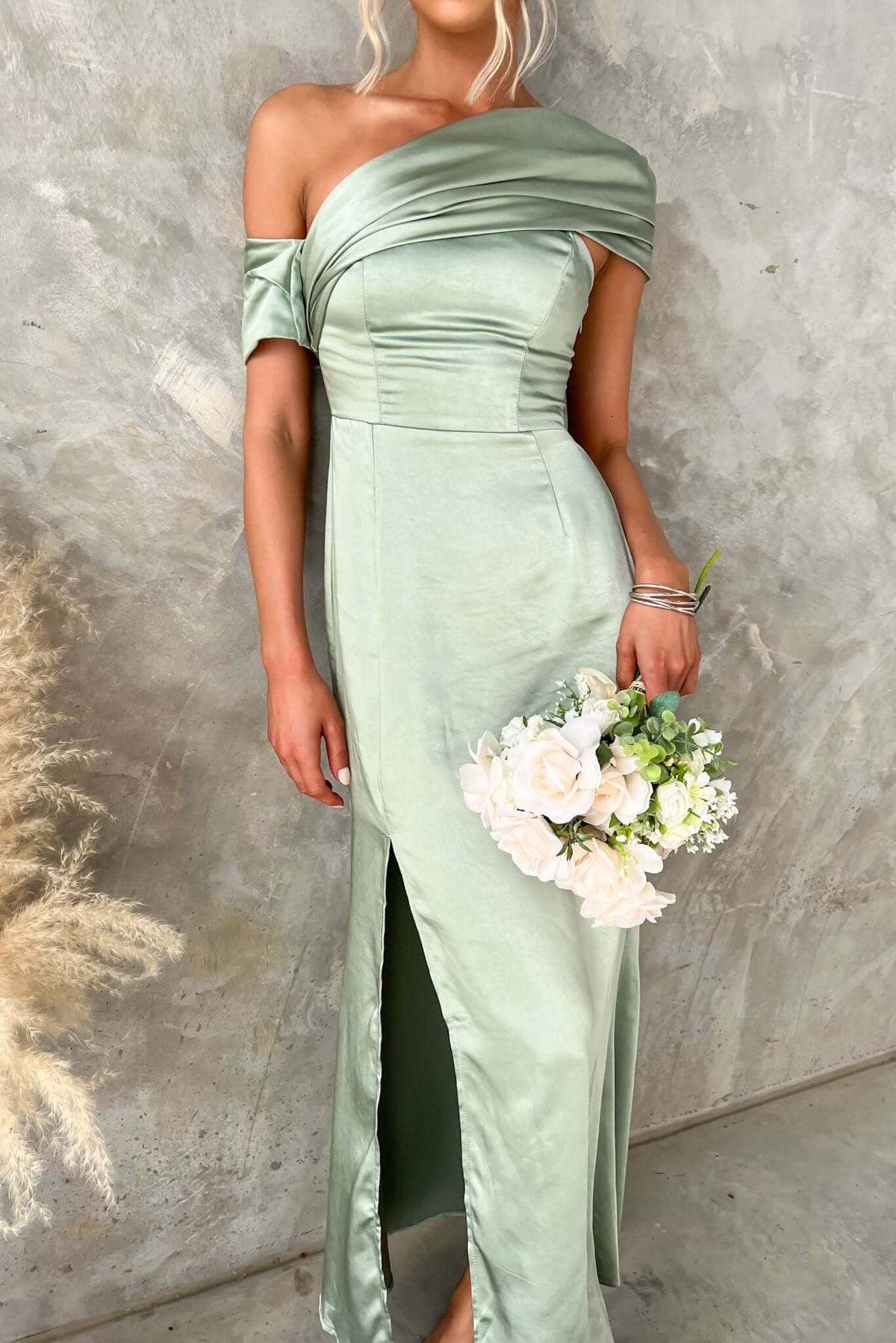 Sonnet Maxi Dress in sage green, featuring asymmetric neckline, side split, satin material, perfect for events.