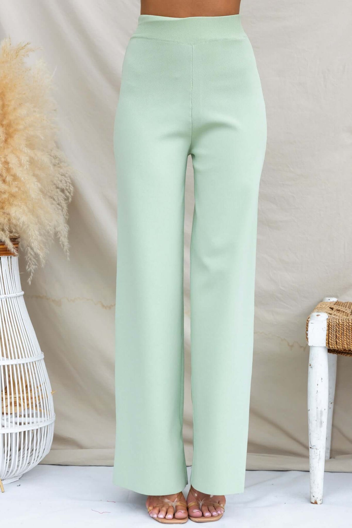 Tammie Pants in soft green, mid-high waist, elastic waistband, stretchy knit fabric, ideal for casual or dressy wear.
