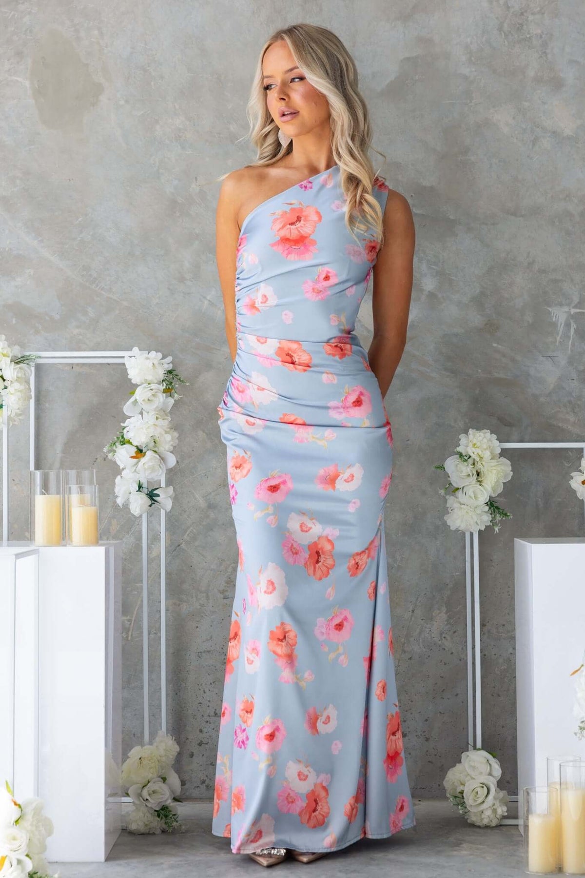 Elegant floral print Jadeite maxi dress featuring one-shoulder neckline and satin finish, perfect for special occasions.