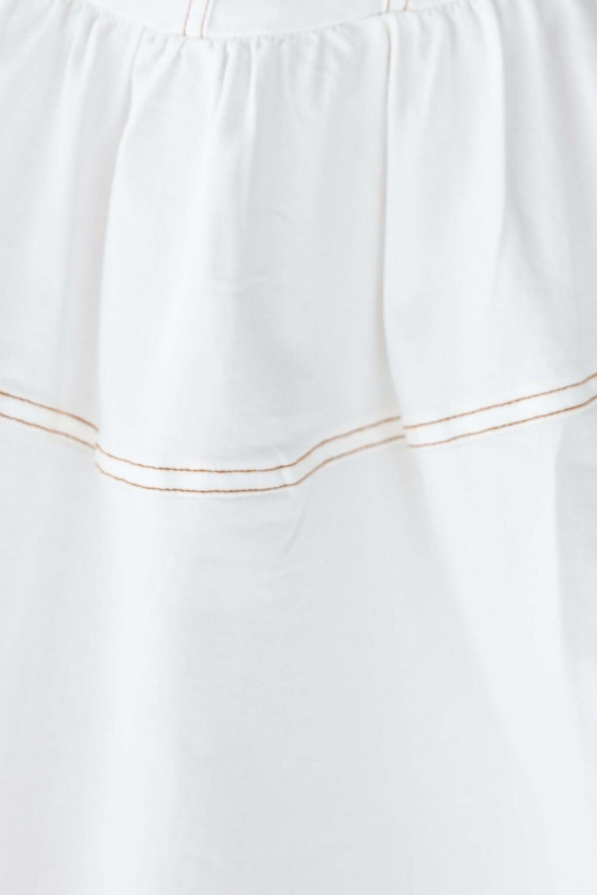 Close-up of the white fabric of a dress featuring ruffled detailing and delicate stitching.