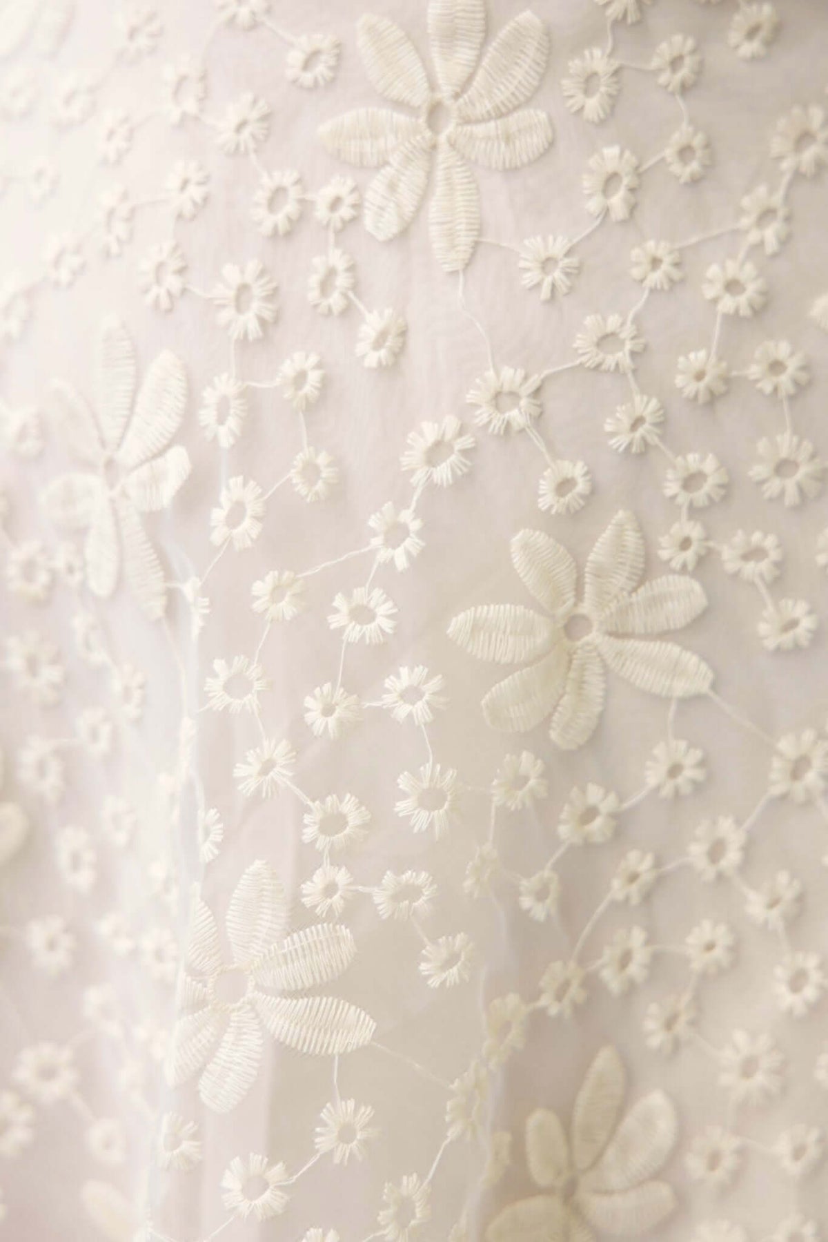 Close-up of delicate floral embroidery on sheer fabric, showcasing intricate white flower designs.