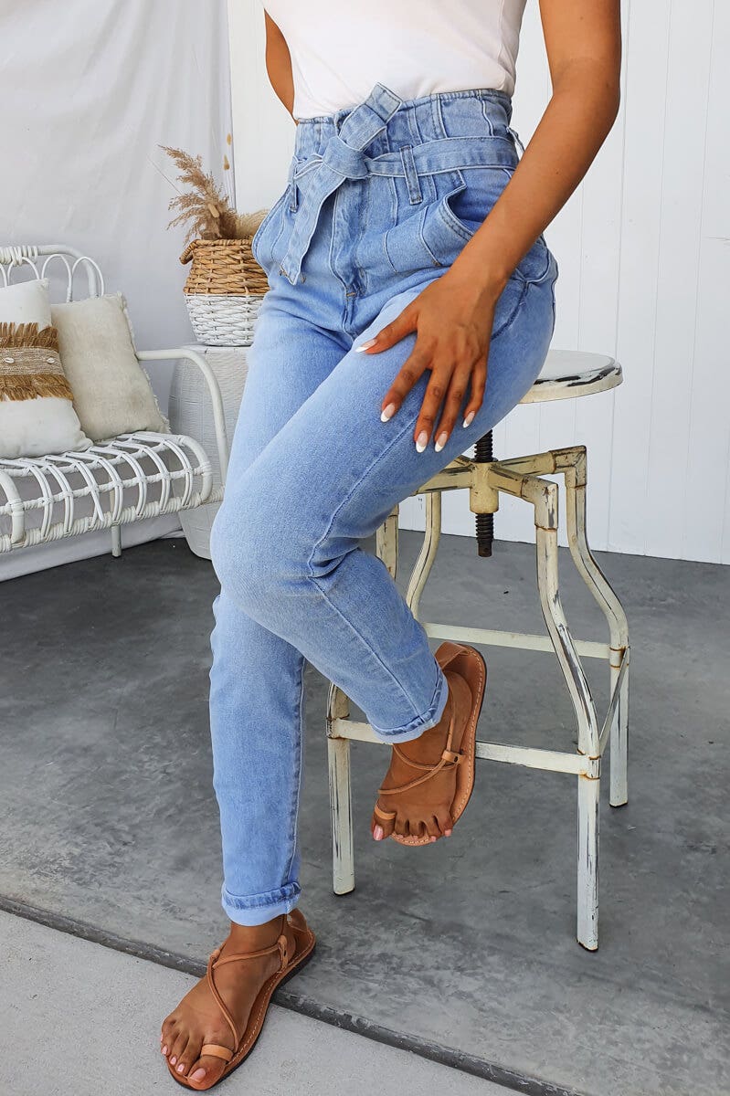 New Hope Paper Bag Jeans - high waist denim with removable belt, front and back pockets, standard fit for casual style.