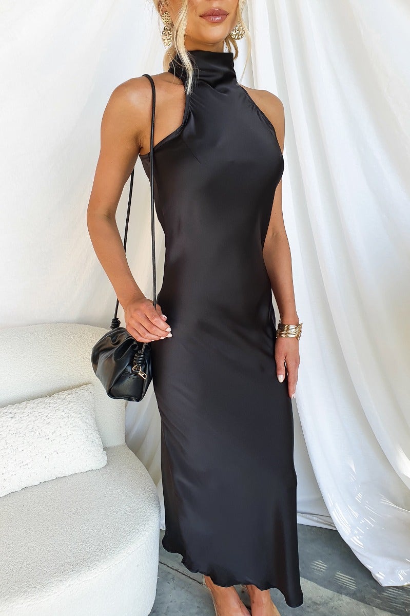Elegant black satin maxi dress with high tie neckline, perfect for casual or formal occasions.