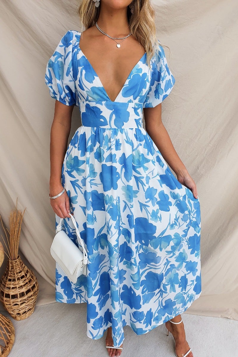 Evalane floral print maxi dress with V-neckline and puff sleeves, perfect for summer events.