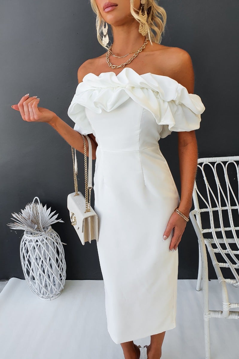 white cold shoulder midi dress Extravagant Midi Dress – Amaroso Boutique