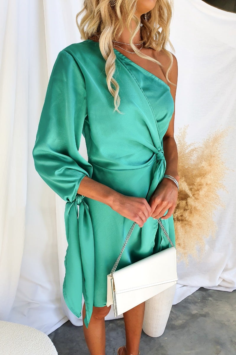 Sparks Fly Dress in teal satin with one-shoulder neckline and tie details, perfect for elegant occasions.