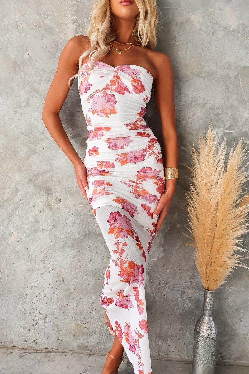 Strapless Obvious Maxi Dress with floral pattern, ruched design, and stretch material, perfect for summer occasions.