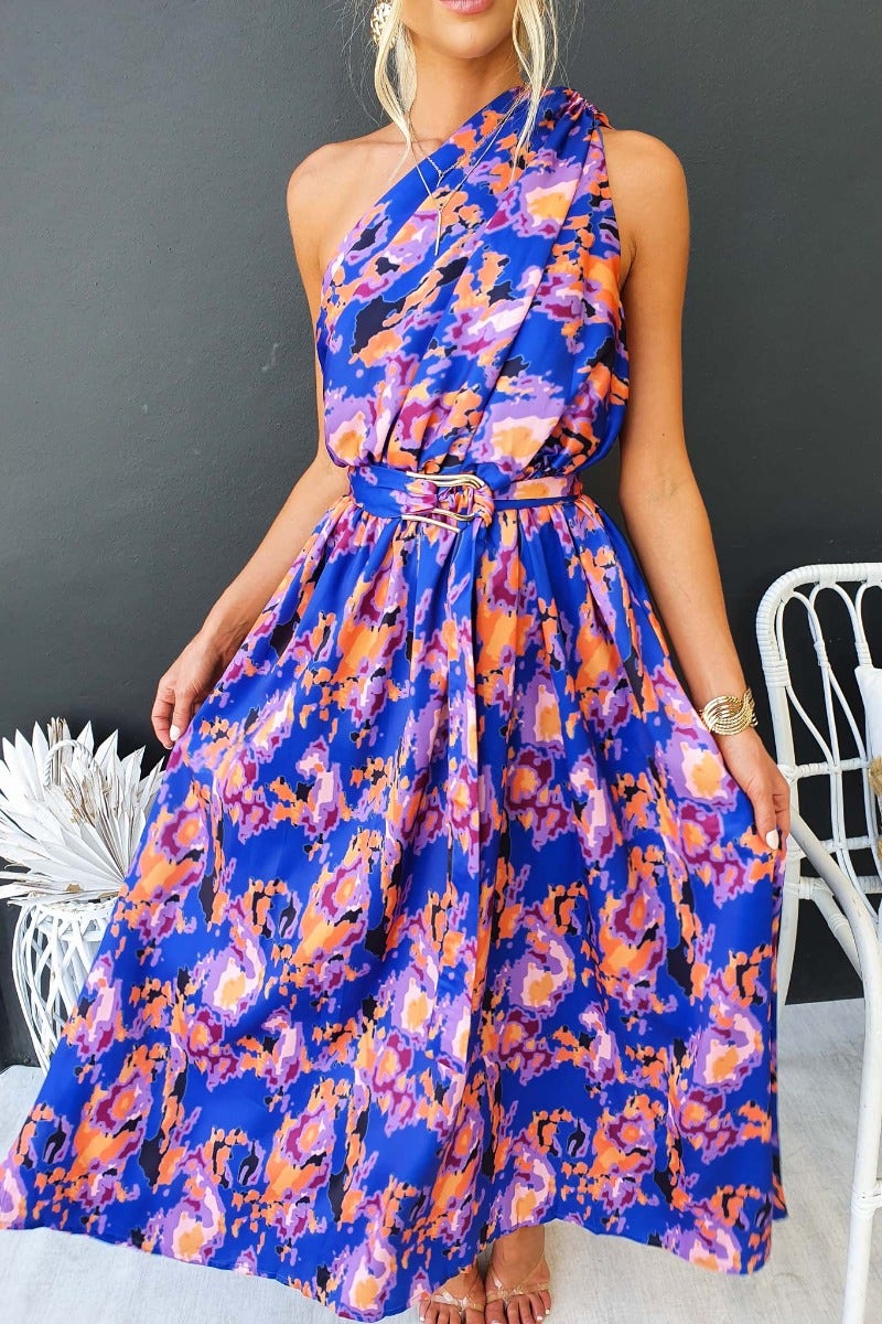 Multi-colour Ragie Maxi Dress featuring a one-shoulder style with a removable belt and satin finish.