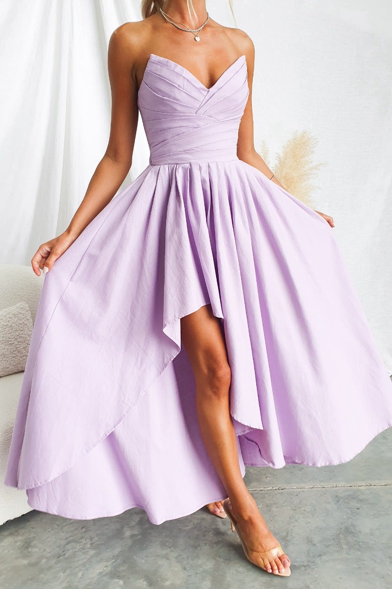 Kiss And Tell Maxi Dress in lavender, strapless design with asymmetric hem and boning detail, perfect for special occasions.