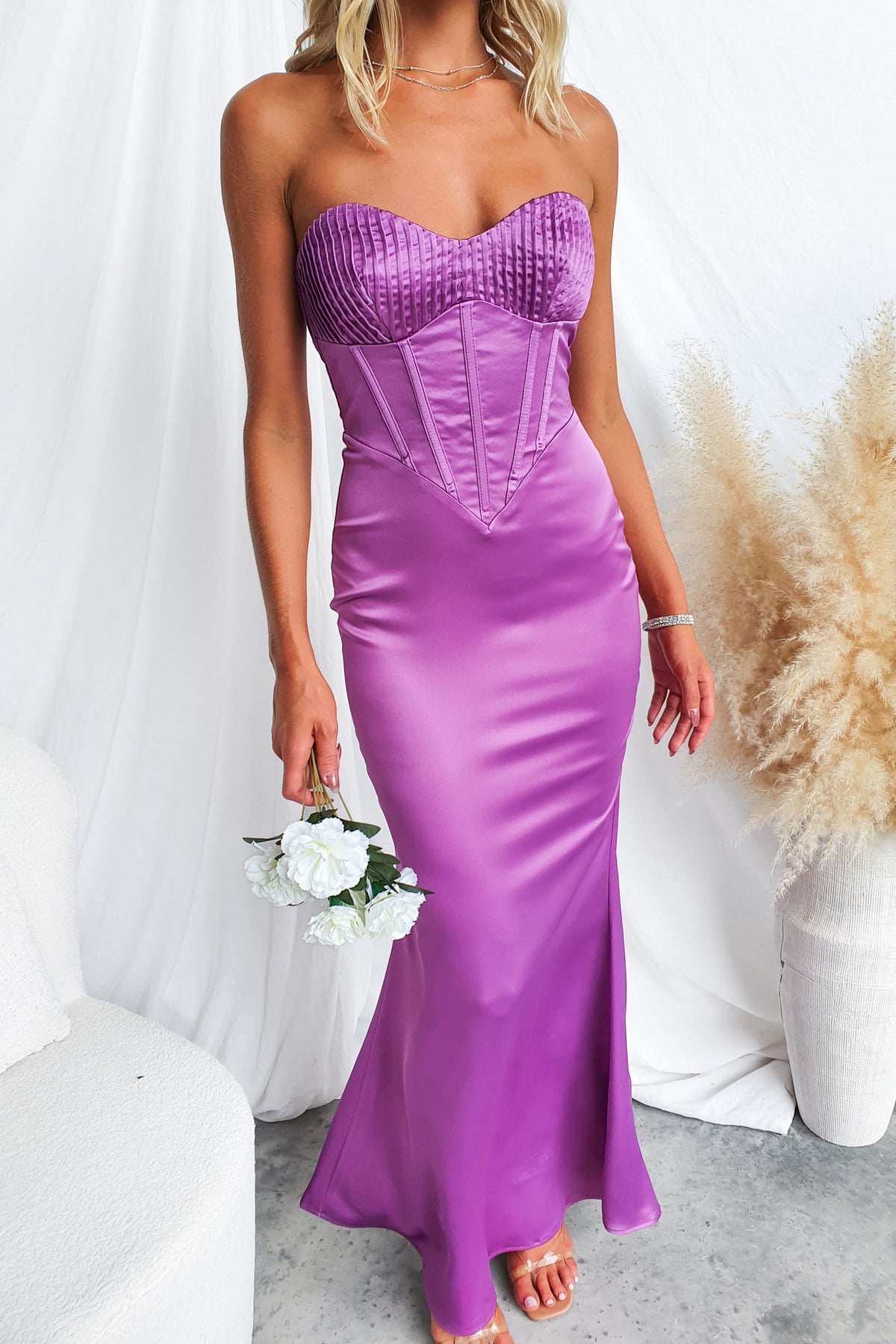 Lars Maxi Dress in lavender, strapless design with boning and satin finish, perfect for formal occasions.