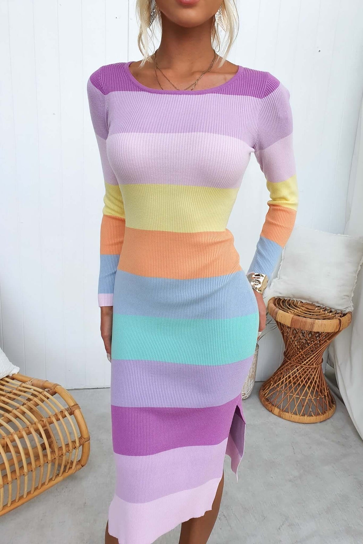 Sincar Midi Dress featuring a round neckline and colorful ribbed knit with side splits, perfect for a stylish fit.