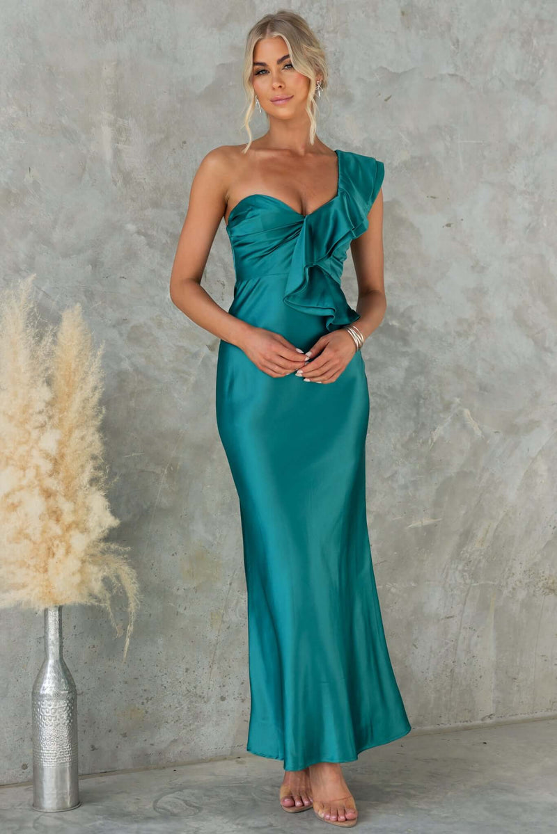 Janiyah Maxi Dress in teal satin, featuring one-shoulder neckline, ruffle detail, and floor-length design.
