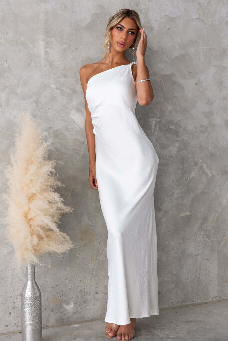 Kaleisha Maxi Dress in white, one-shoulder satin style, featuring a sleek fit and lined bust, perfect for special occasions.