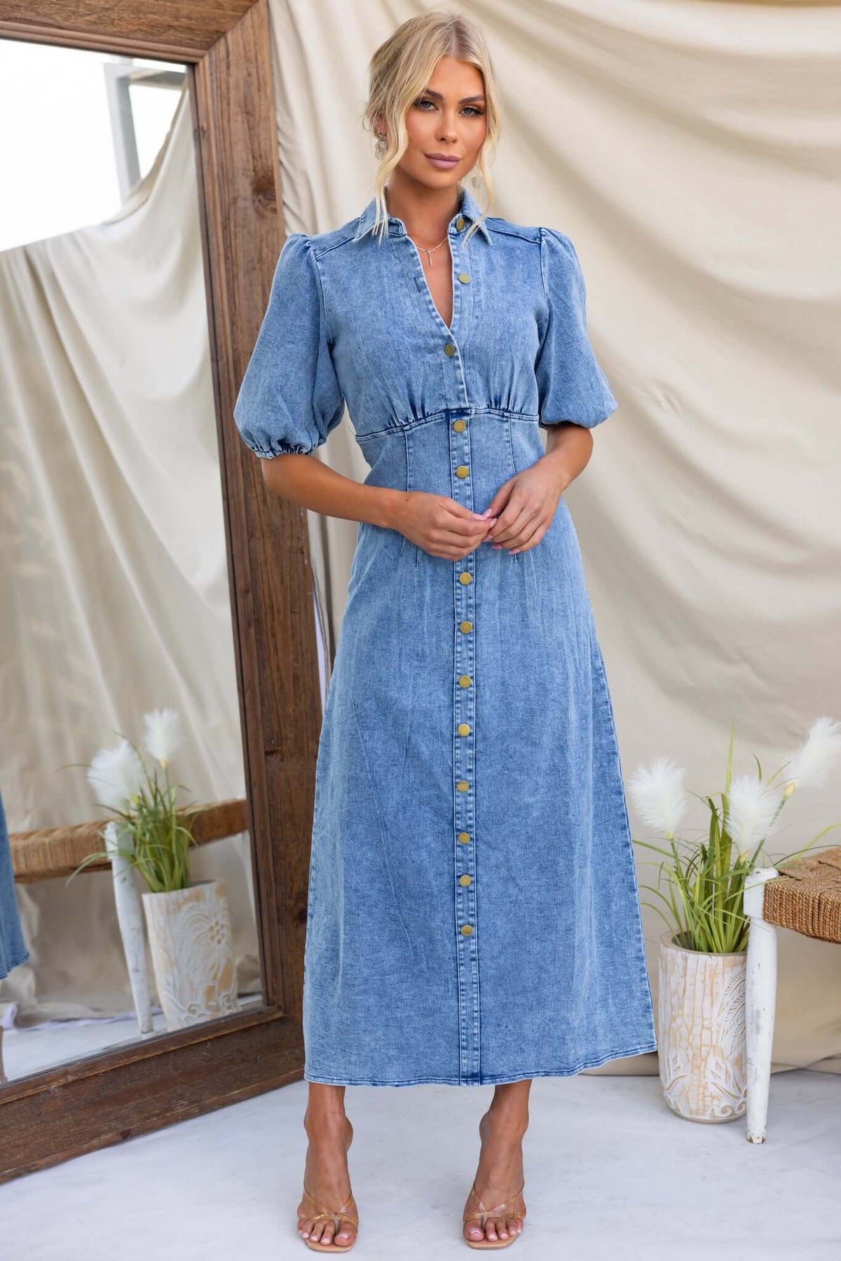 bruna denim dress Bruna Retro Wide Cuff Short Sleeve Ruffle Hem Button Front Dress