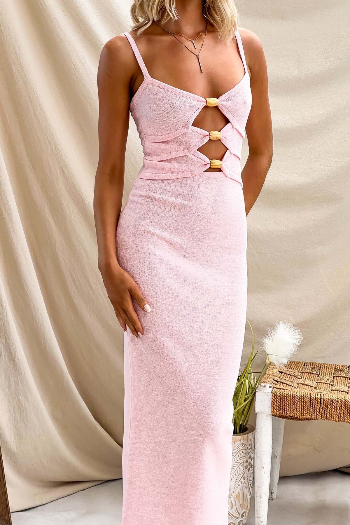 Just Smile Maxi Dress in pink with adjustable straps, cut-out bead detail at bust, and a back split.