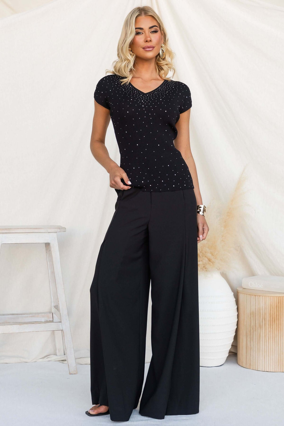 Marianne Top - Black V-neck knit top with diamantes, worn with wide-leg pants, stylish and elegant.