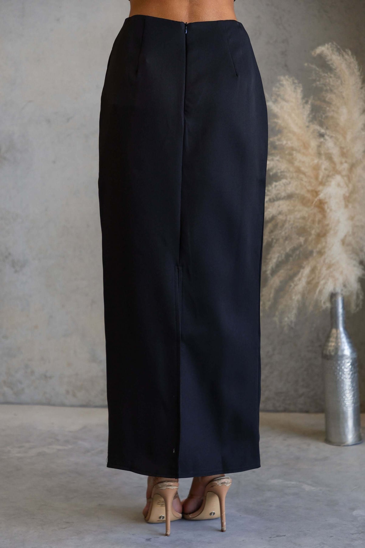 Duchess Maxi Skirt back view showcasing the invisible zip and mid-high waist fit.