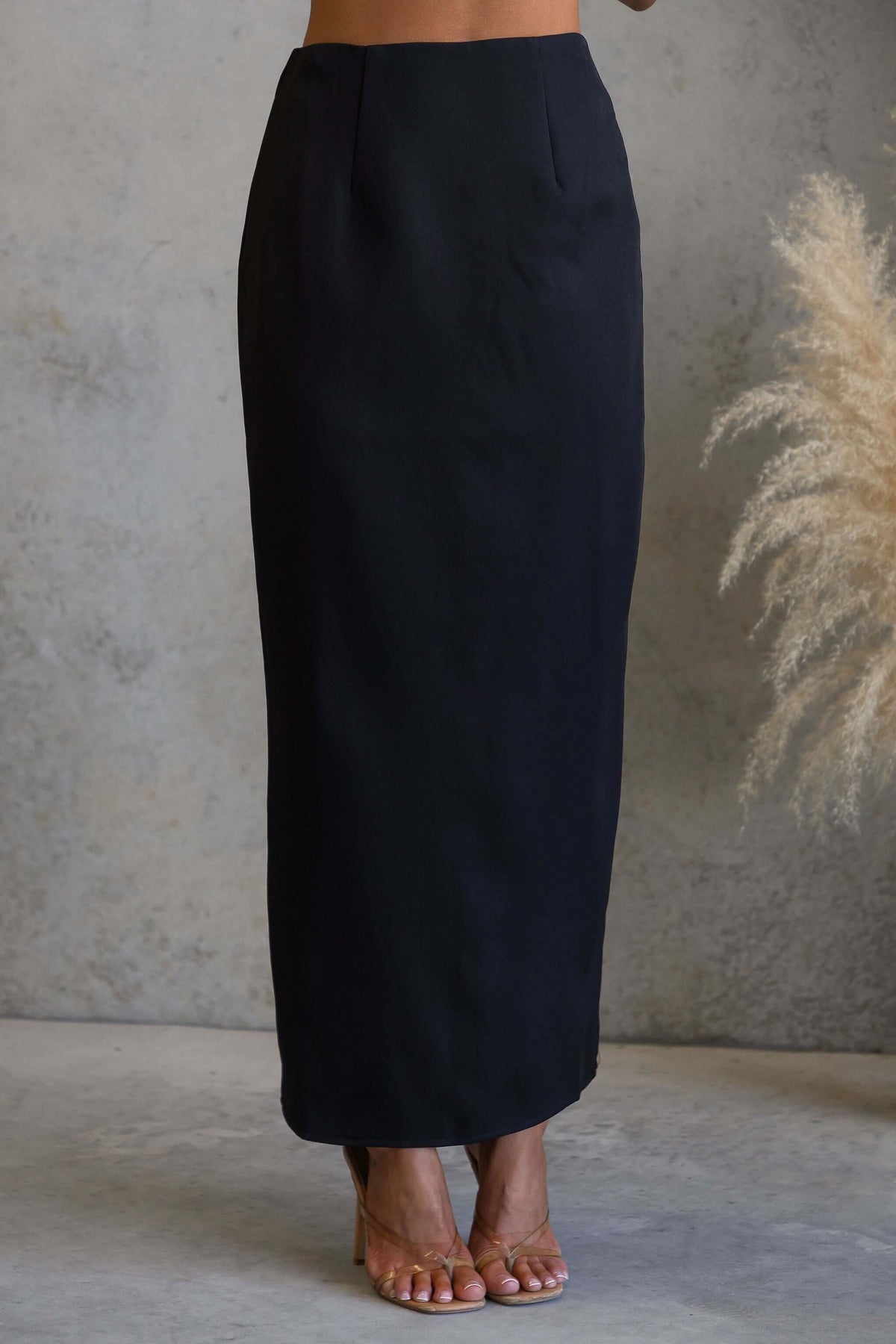Duchess Maxi Skirt in black with mid-high waist and invisible zip detail