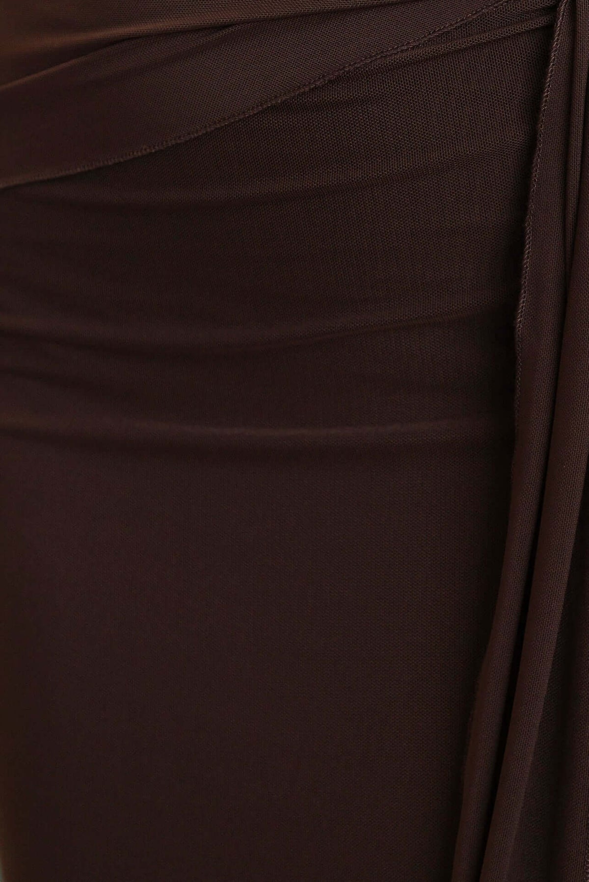 Close-up of La Rose Maxi Dress showing draping material texture and rich brown color.