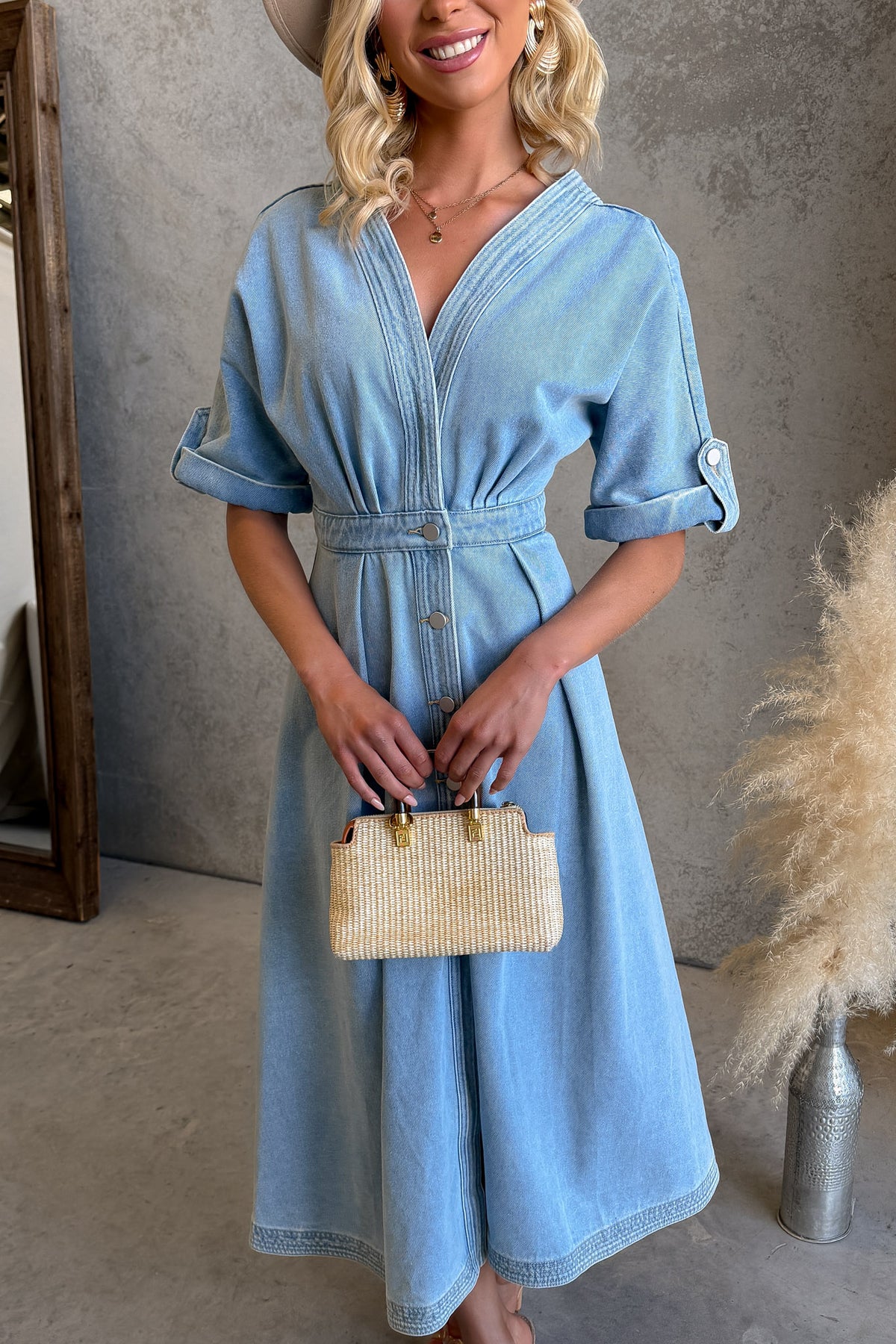Saddle Bloom Denim Midi Dress
