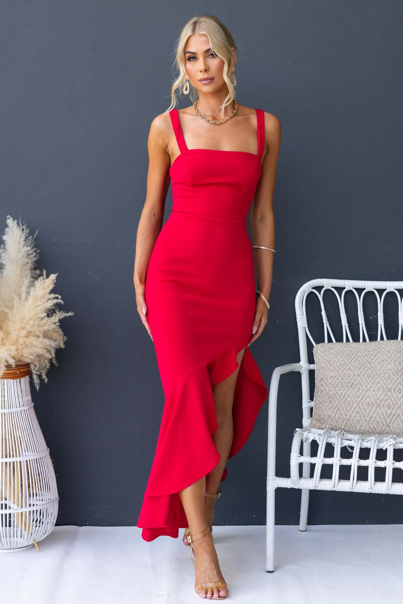 Acoma Maxi Dress in red with adjustable straps and side slit. Stylish summer dress perfect for special occasions.