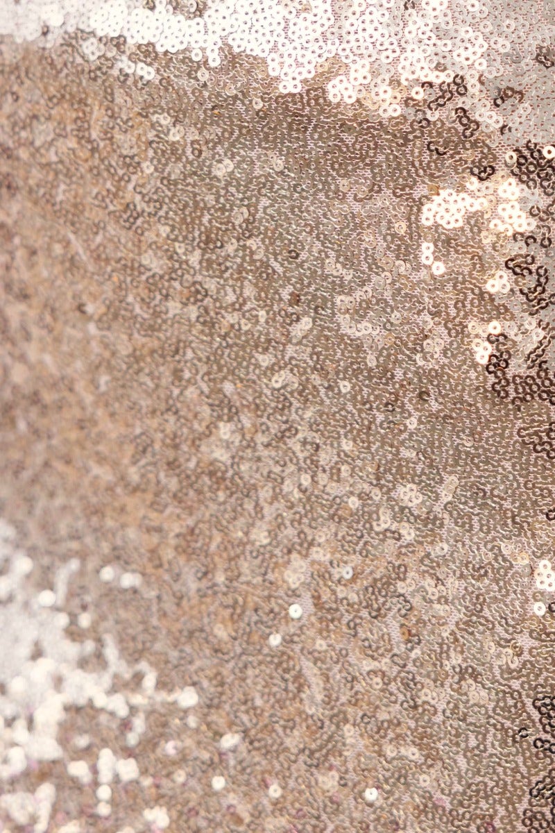 Close-up of shimmering champagne sequins fabric, showcasing texture for Amaris Maxi Dress.