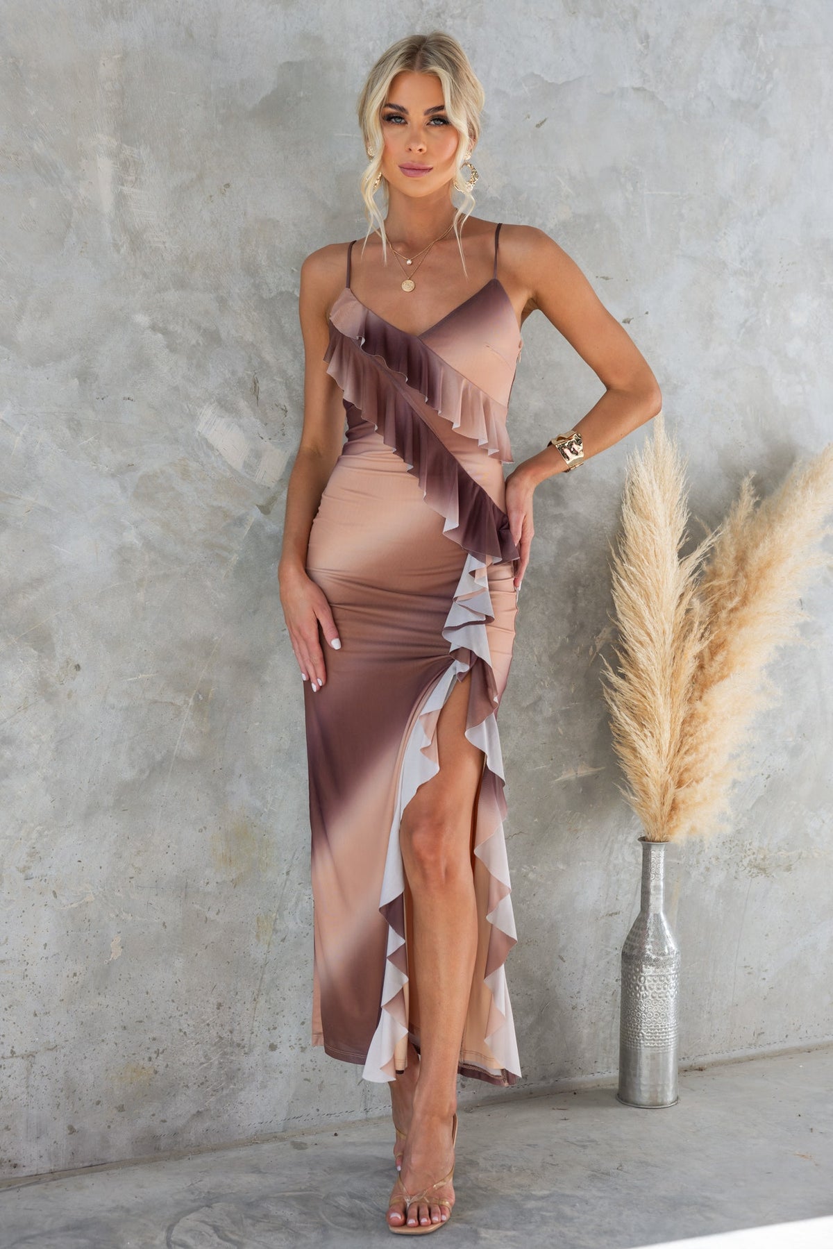 Jillian Maxi Dress featuring adjustable straps, ruffle detailing, and a stylish mesh overlay in gradient shades.