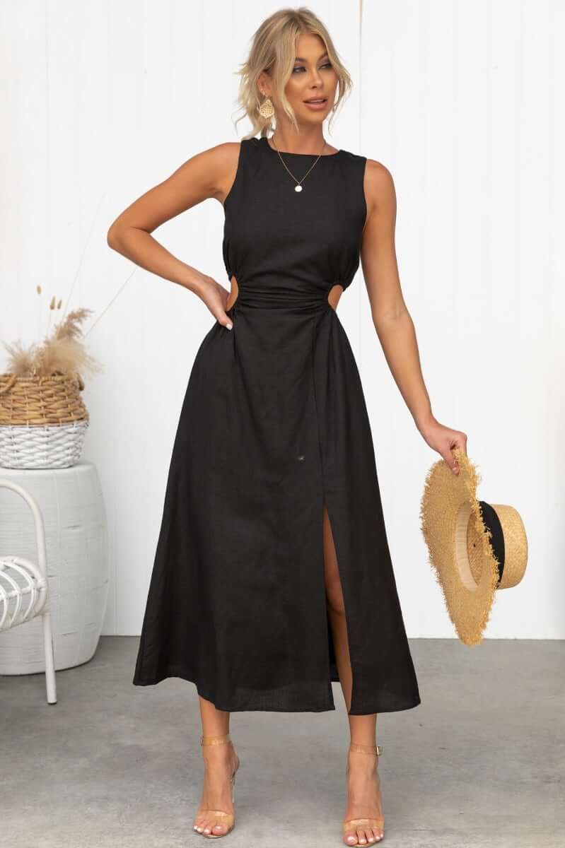 Rozita Midi Dress in black linen blend with round neckline and side cutouts, featuring front slit and invisible zip.