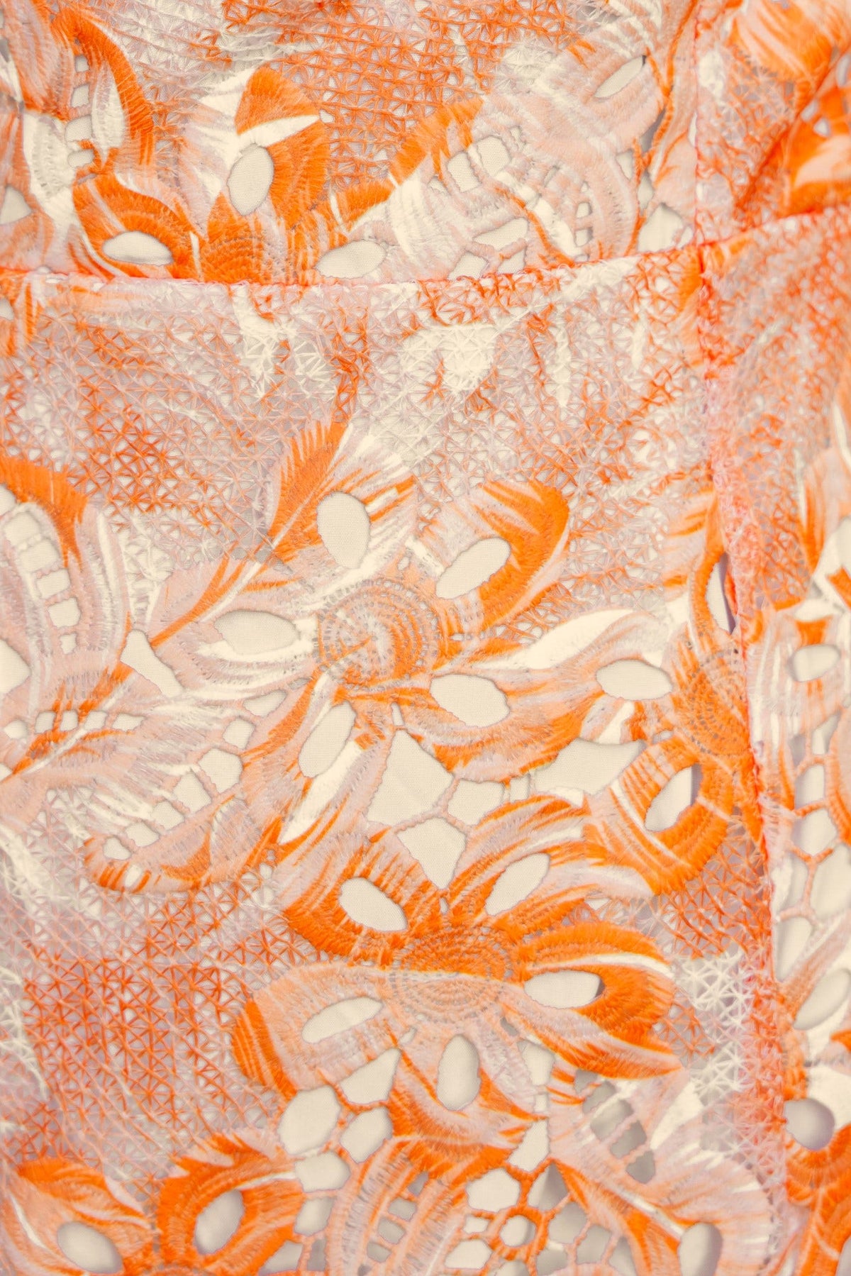 Close-up of Racha Maxi Dress fabric featuring a vibrant orange floral lace pattern.