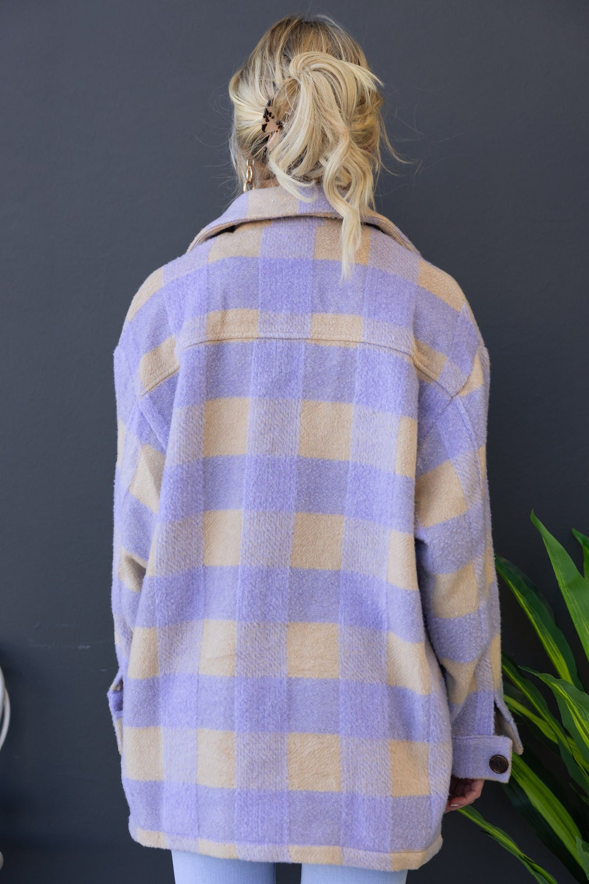 Back view of Home Run Shacket with lavender and beige check pattern, featuring oversized fit and collar.